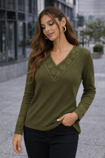 Women's Green Lace Patchwork V Neck Waffle Knit Top
