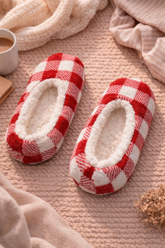 Plush Red and White Plaid Slippers