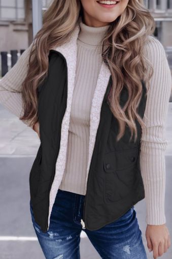 Women’s Reversible Vest with Quilted and Sherpa Sides in Black and White