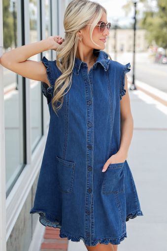 Women's Dark Blue Sleeveless Denim Dress with Buttons and Ruffle Details