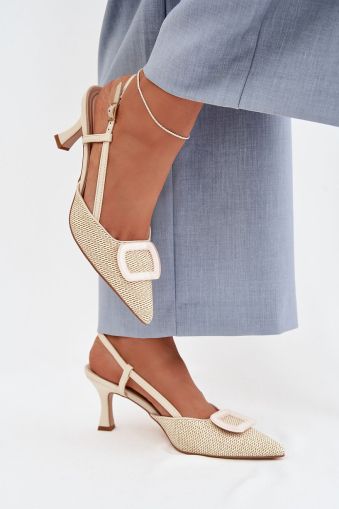 Women's Beige Heeled Shoes with Pointed Toe and Strap