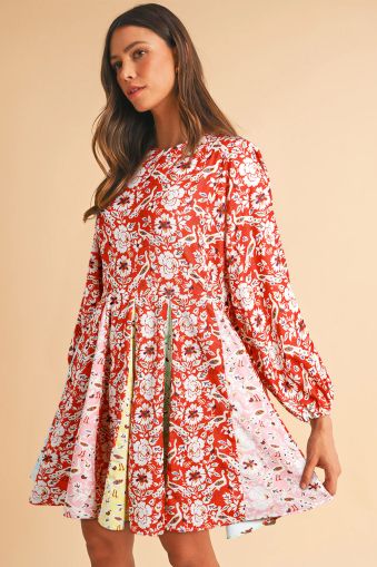 Women’s Red Floral Print Dress with Flowy Relaxed Fit