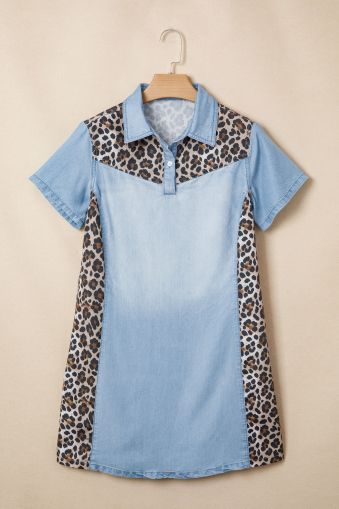 Women's Denim Dress with Leopard Print Panels