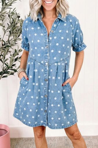 Women's Blue Denim Polka Dot Dress with Buttons and Pockets