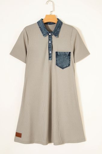 Women's Beige Ribbed Dress with Denim Details