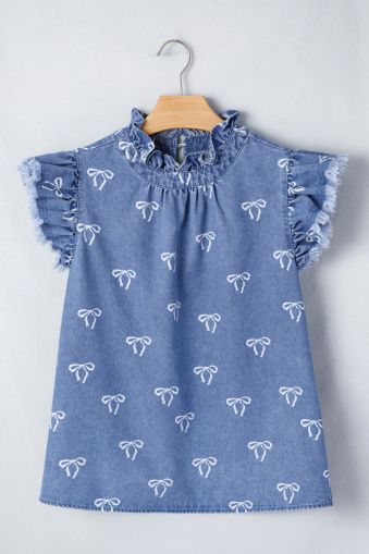 Women’s Light Blue Denim Shirt with Ruffled Collar and Buttons