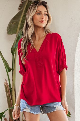 Women's Red Blouse with V-Neck and Decorative Detail