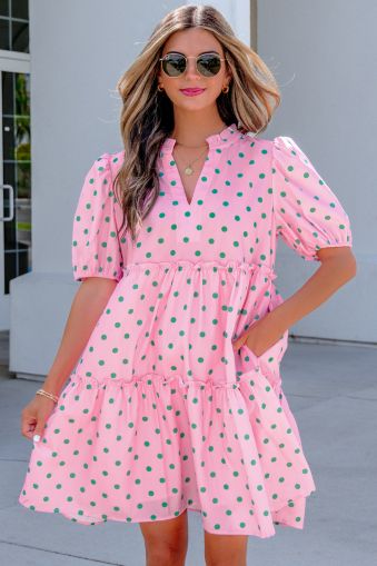 Women’s Pink Polka Dot Dress with V-Neck, Puff Sleeves and Ruffles