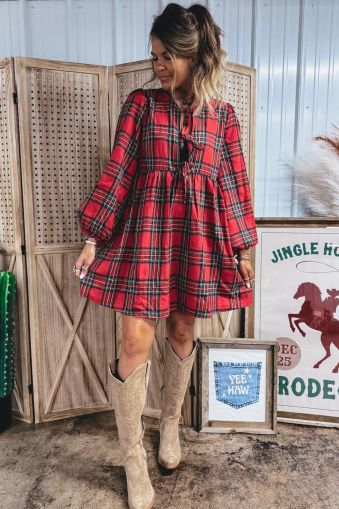 Women's Plaid Mini Dress with Front Tie Details and Long Sleeves