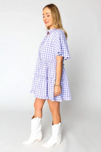Women’s Purple and White Gingham Dress with Ruffles and Short Sleeves