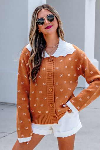 Women’s Orange Knit Cardigan with White Collar and Pattern