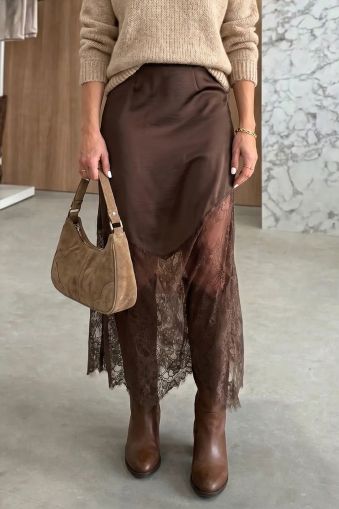 Elegant Long Satin Skirt with Lace Details