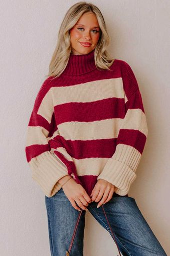 Women’s Knitted Sweater with High Neck and Contrast Stripes