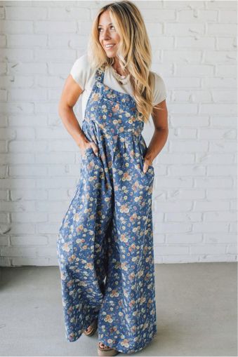 Women’s Long Denim Jumpsuit with Floral Print