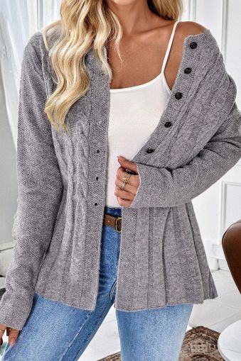 Women’s Grey Knit Cardigan with Buttons and Textured Knit
