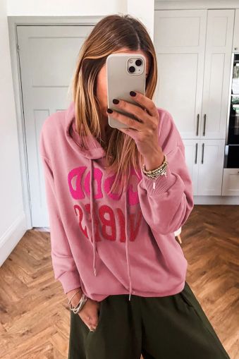 Women’s Pink GOOD VIBES Hoodie with Chenille Lettering