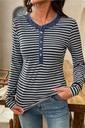 Women’s Grey and Black Striped Long Sleeve Top with Denim Contrast Collar