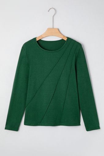 Women's Dark Green Long Sleeve Top with Asymmetrical Decorative Seams