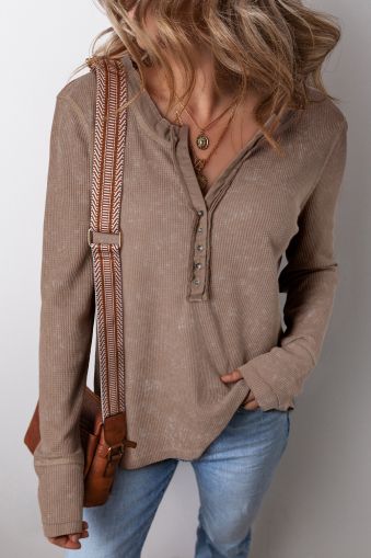 Women's Coffee Brown Acid Wash Waffle Knit Henley Long Sleeve Top