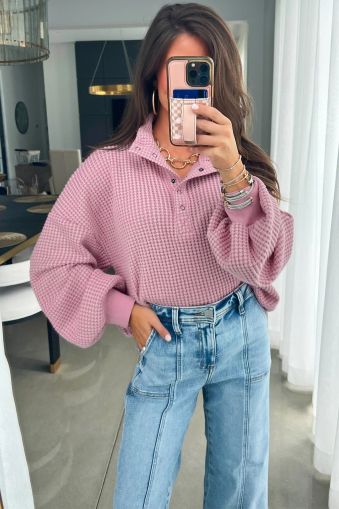 Women's Pink Waffle Textured Snap Button Collared Relaxed Fit Top