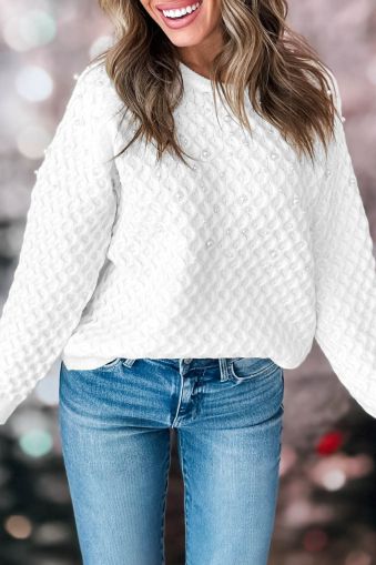 Women's White Textured Knit Sweater with Pearl Embellishments