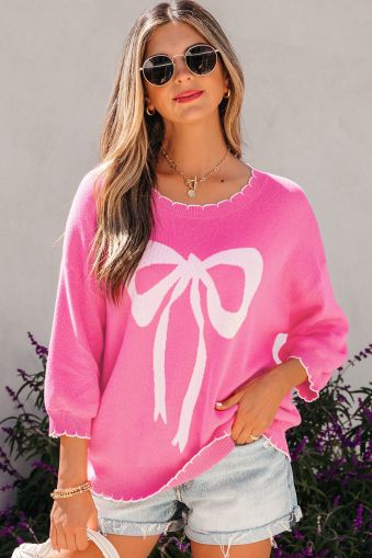 Women's Pink 100% Cotton Bow Graphic Knit Sweater with Scalloped Trim
