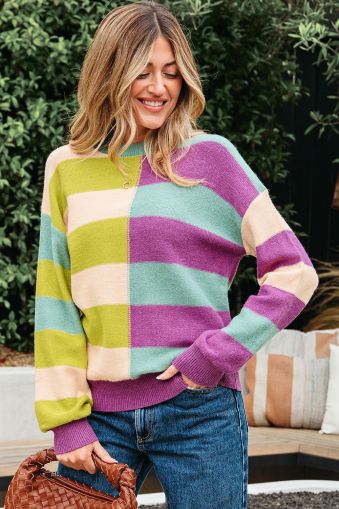 Women's Colorful Knit Sweater with Wide Stripes