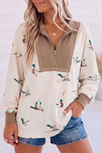 Women's Half-Zip Sweatshirt with Duck Print