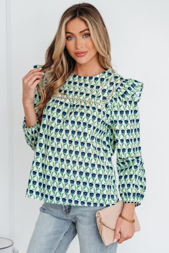 Women's Cotton Floral Print Blouse with Ruffled Shoulders