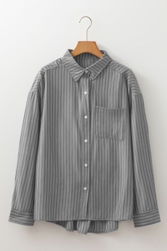 Women's Grey and White Striped Relaxed Fit Long Sleeve Shirt