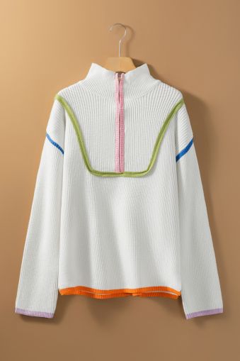 Women's White Colorful Edge Quarter Zip Drop Shoulder Sweater