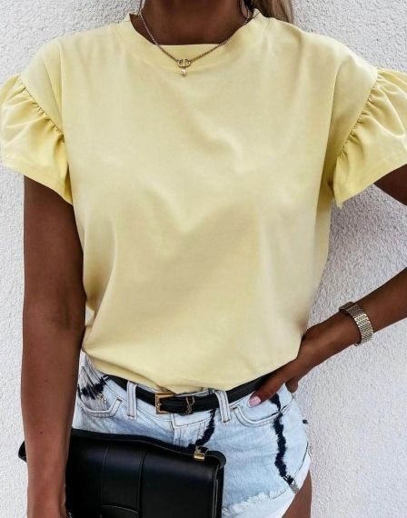 Дамска тениска с ефектни ръкави в светложълт цвят