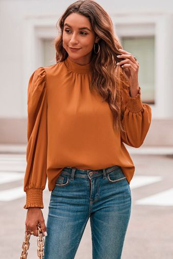 Дамска елегантна блуза в оранжево с дълъг ръкав
