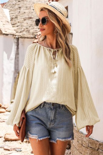 Apricot Lantern Sleeve Stripe Tassel Drawstring Blouse
