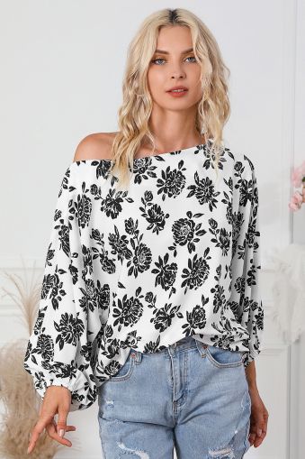 White Floral Print Cold Shoulder Loose Fit Blouse