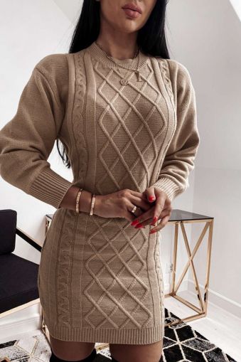Дамска рокля тип пуловер в цвят капучино