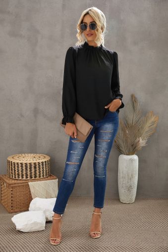 Black Frilled Mock Neck Balloon Sleeve Blouse