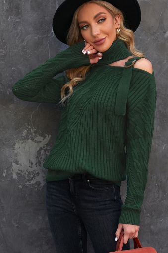Green Strapped Cut out Shoulder Turtleneck Sweater