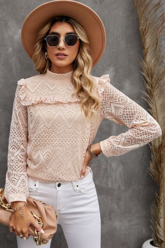 Lace Crochet Ruffle Hollow-out Long Sleeve Top