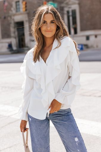 White Ruffles V Neck Puff Sleeve Shirt