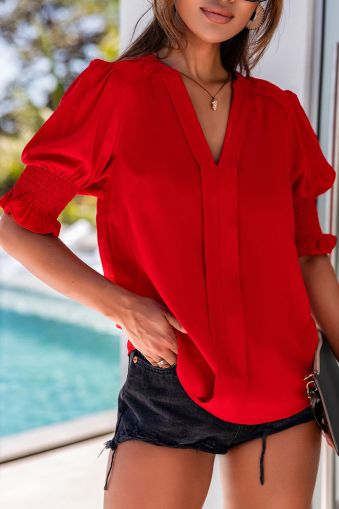 Fiery Red Solid Color Half Sleeve V Neck Blouse
