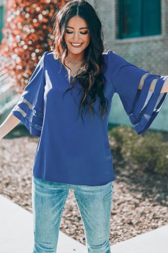 Blue Flare Sleeve V Neck Loose Blouse