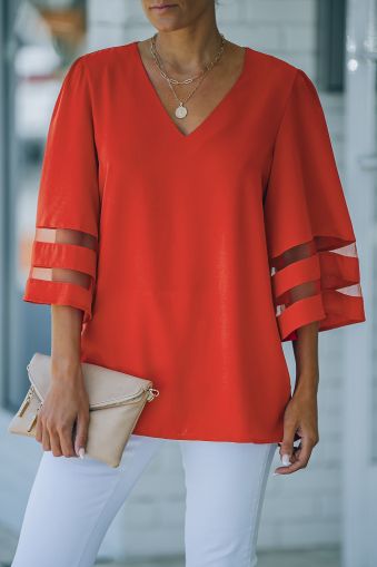 Fiery Red Flare Sleeve V Neck Loose Blouse