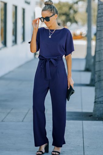 Blue Belted Wide Leg Jumpsuit