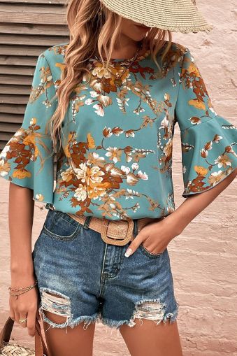 Mineral Blue Flare Sleeve Floral Blouse