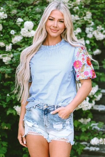 Women's Light Blue Gingham Floral Embroidered Puff Sleeve Blouse