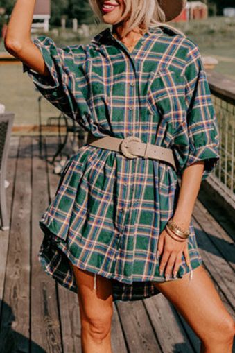 Green Oversized Plaid Half Sleeve Tunic Shirt