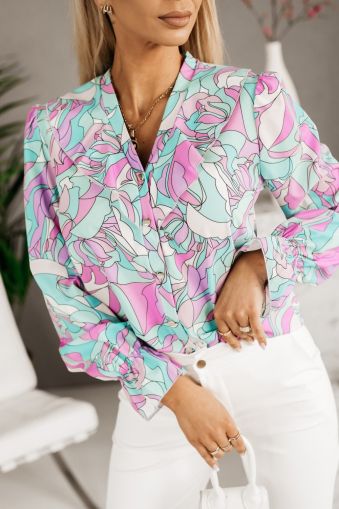 Purple Floral Printed Ruffle Lapel V Neck Shirt