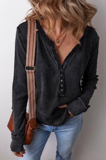 Black Acid Wash Waffle Knit Buttoned Neckline Long Sleeve Top