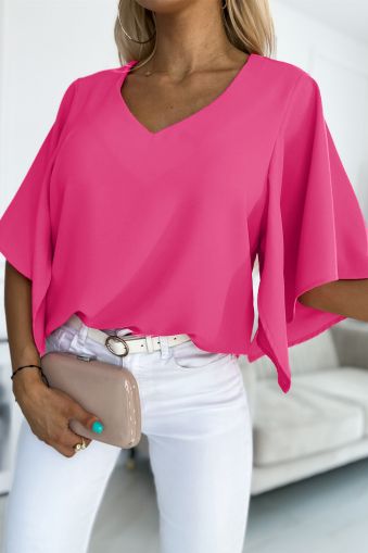 Rose Plain Flounce Bell Sleeve V Neck Blouse